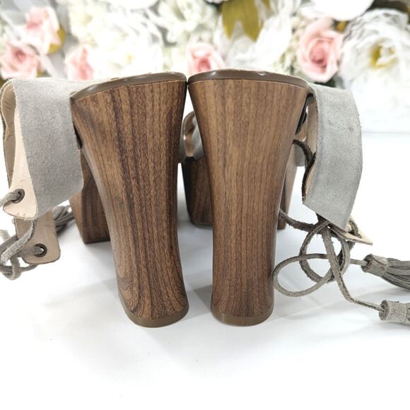 Guess Prenna Suede Leather Tassel Wooden Chunky Platform Sandals Heels Size 9.5 - Picture 3 of 11